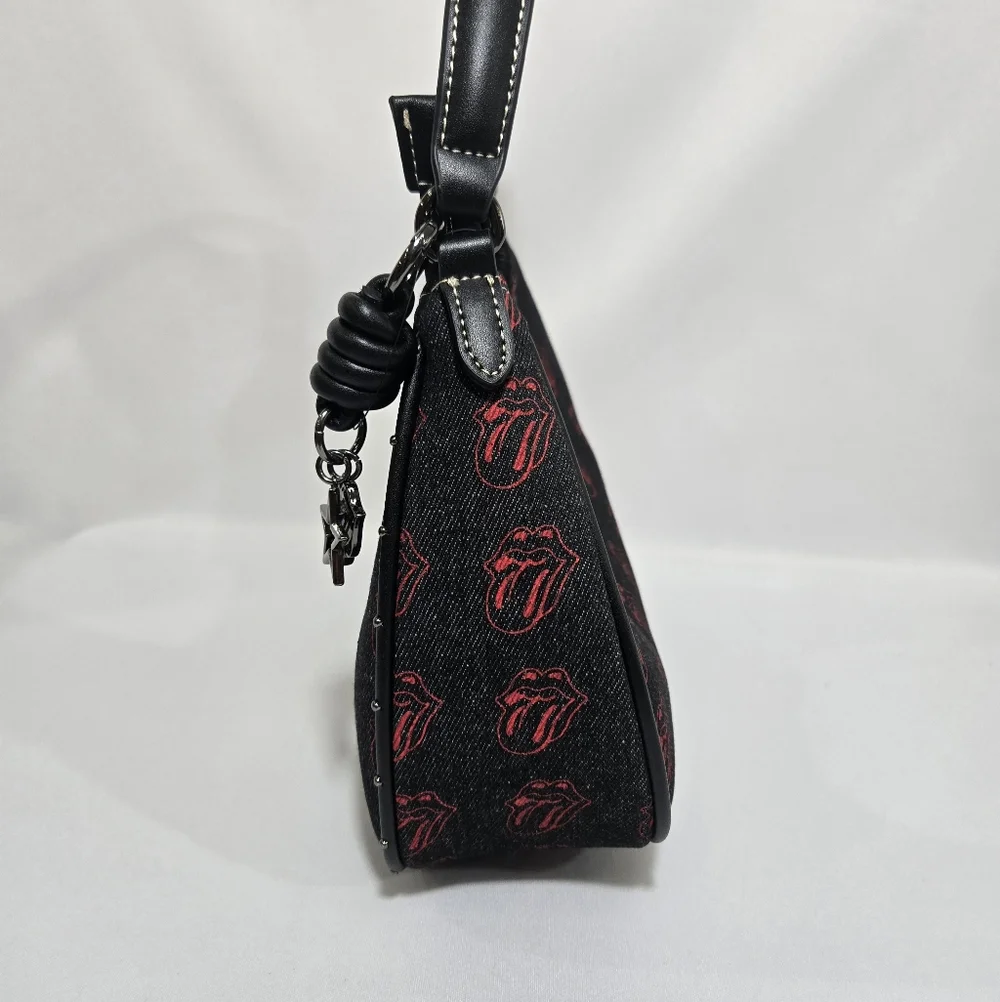 The Rolling Stones All-Over Tongue Logo Black Denim Small Hobo Bag
